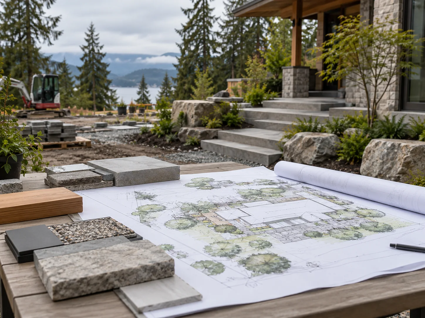 Illustrative landscape plan and material samples beside a residential build