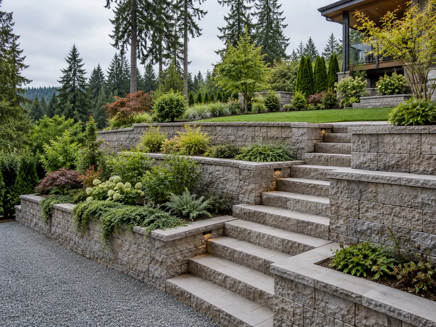Illustrative terraced retaining wall with steps and planting